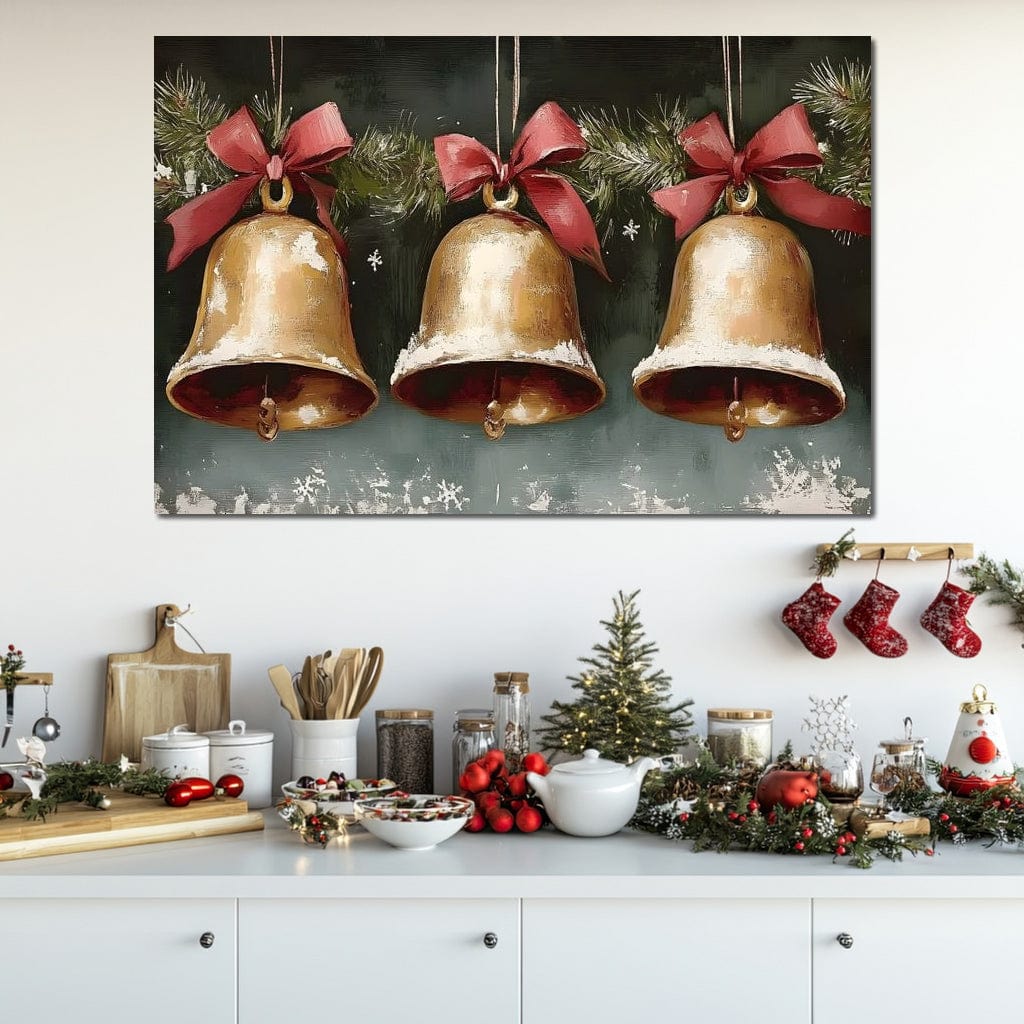 Snow Kissed Golden Holiday Bells Canvas Wall Art