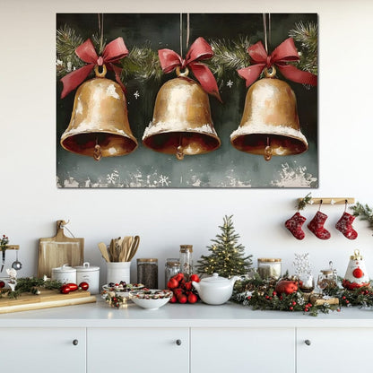 Snow Kissed Golden Holiday Bells Canvas Wall Art