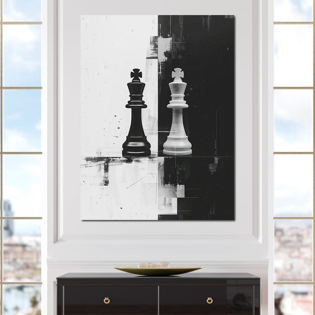 Strategic Chess Duel in Monochrome Canvas Wall Art