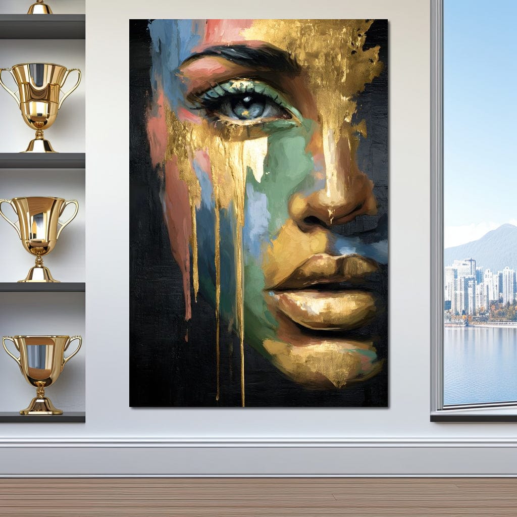 Radiant Gold Drip Face Painting Canvas Wall Art