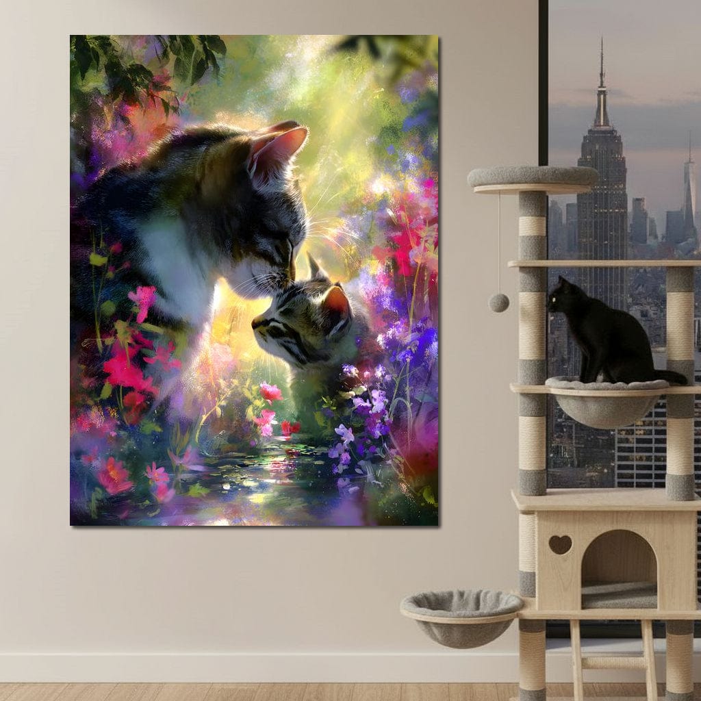 Gentle Cats Nuzzle Floral Dream Canvas Wall Art