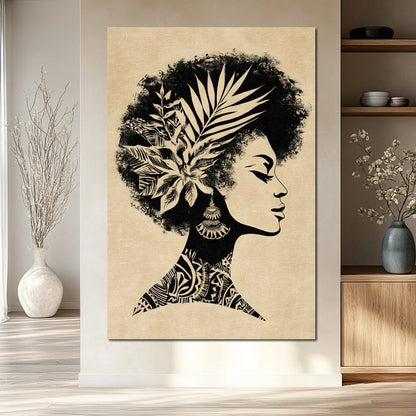 Botanical Afro Queen Silhouette Canvas Wall Art