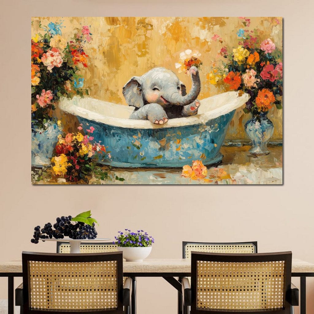 Elephant Joy in Floral Bath Canvas Wall Art