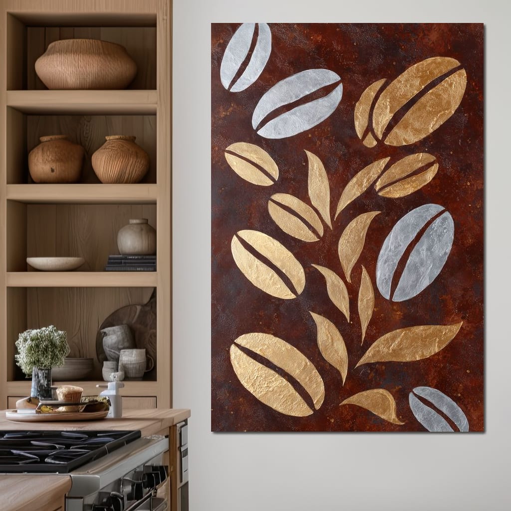 Golden Coffee Beans Botanical Flow Canvas Wall Art