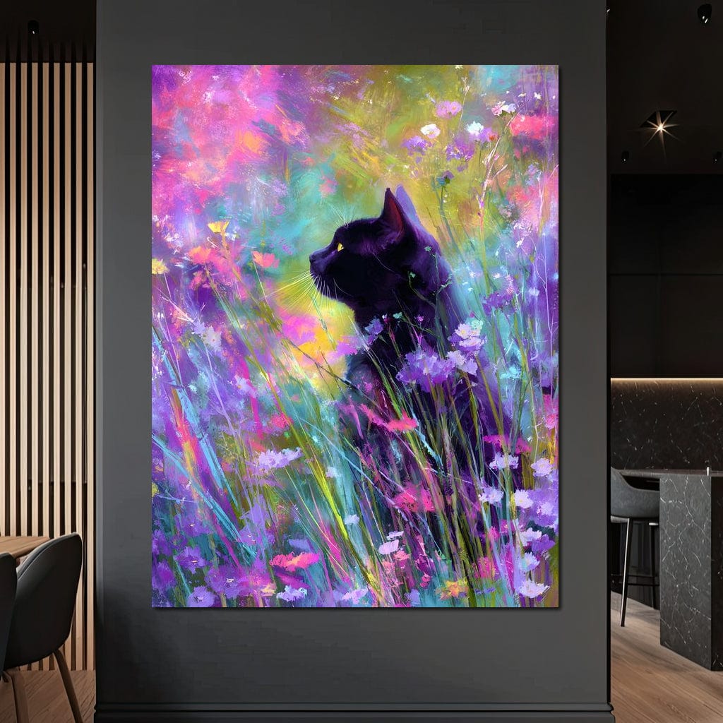 Midnight Feline Among Wildflowers Canvas Wall Art