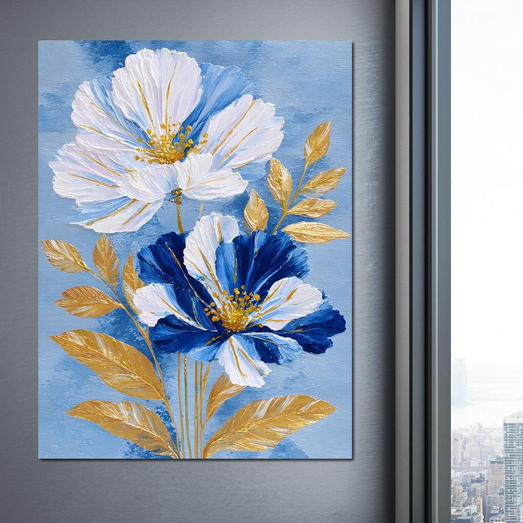 Blue White Peony Gold Leaf Canvas Wall Art