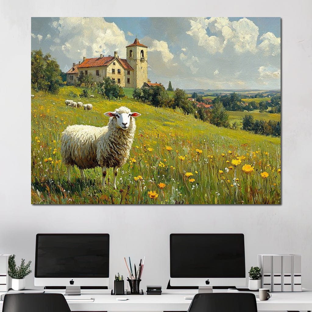 Meadow Sheep by the Countryside Canvas Wall Art