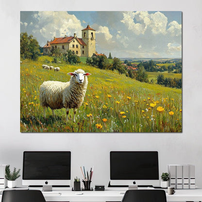 Meadow Sheep by the Countryside Canvas Wall Art