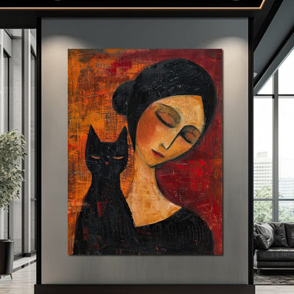 Contemplative Harmony with Cat Canvas Wall Art