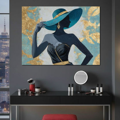Golden Teal Elegance Lady Canvas Wall Art