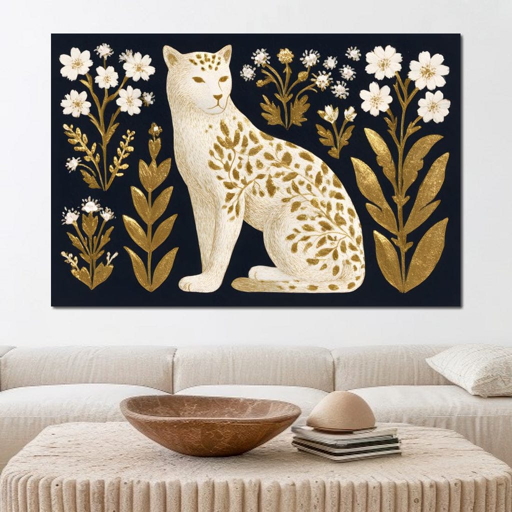 Golden Botanical Leopard Cat Canvas Wall Art