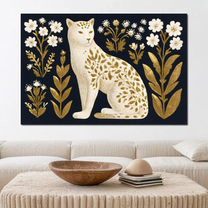 Golden Botanical Leopard Cat Canvas Wall Art