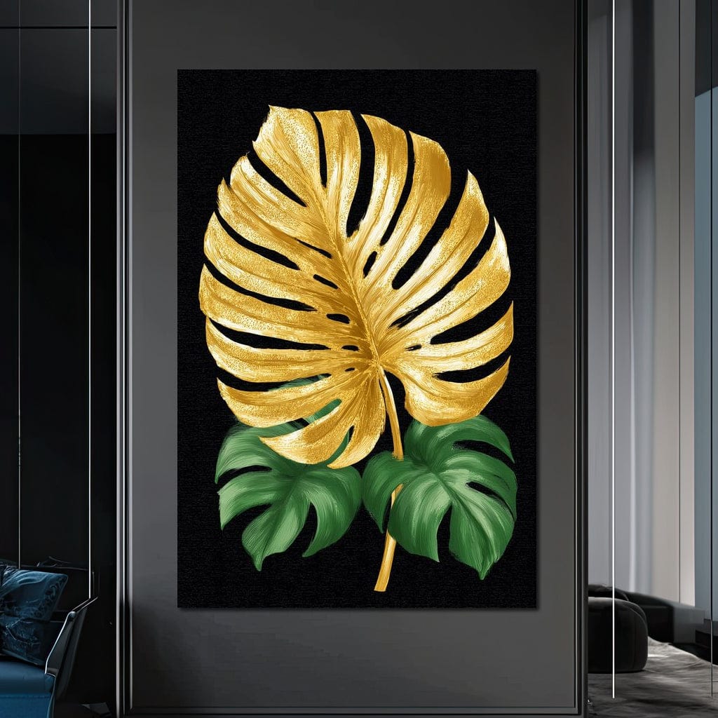 Golden Monstera Leaf Elegance Canvas Wall Art