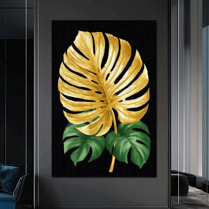 Golden Monstera Leaf Elegance Canvas Wall Art