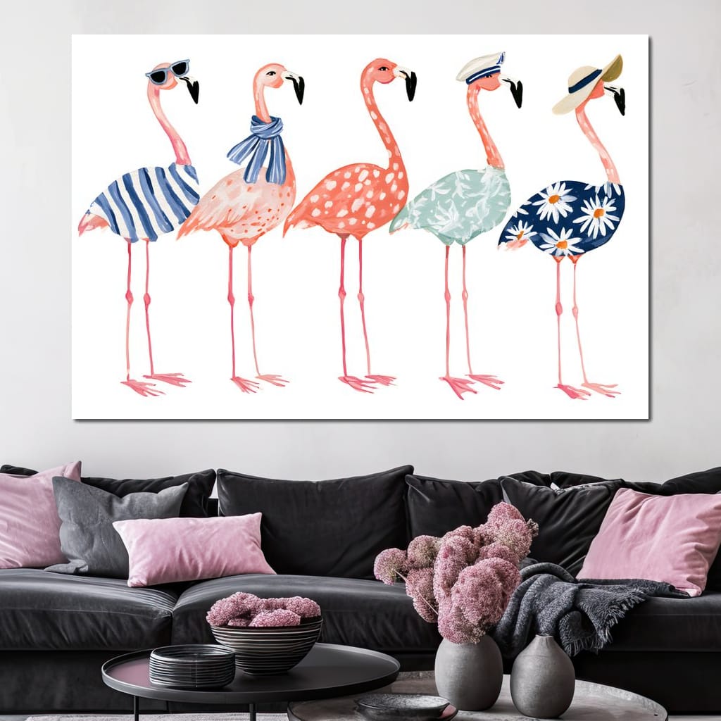Five Stylish Flamingos on Summer Vacation Canvas Wall Art