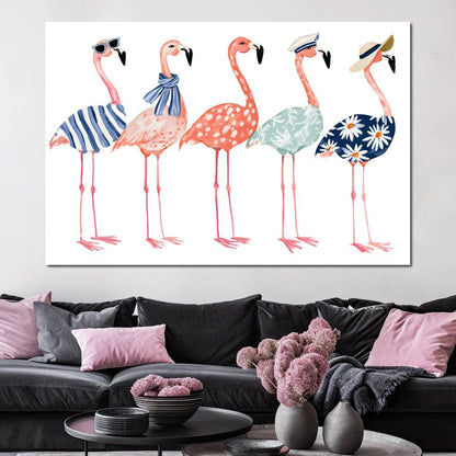 Five Stylish Flamingos on Summer Vacation Canvas Wall Art