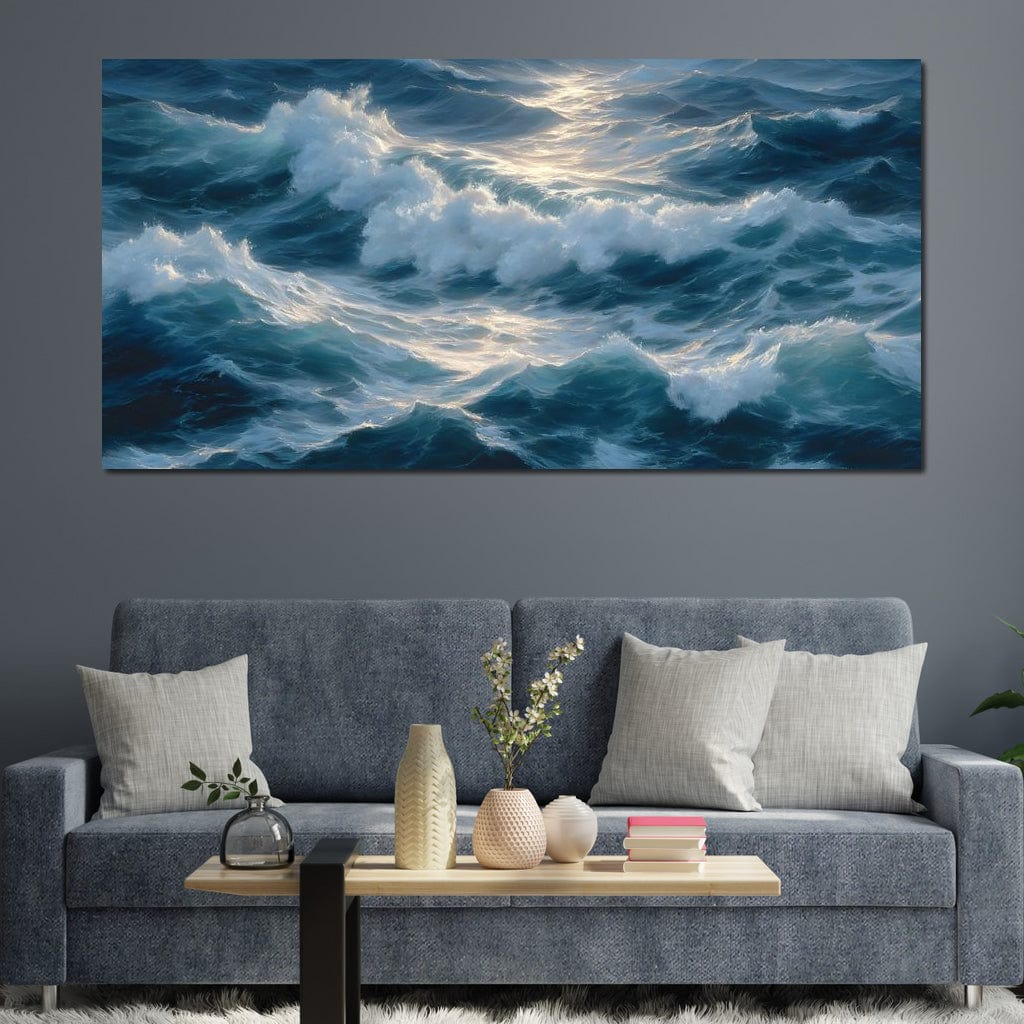 Sunlit Ocean Cresting Waves Canvas Wall Art