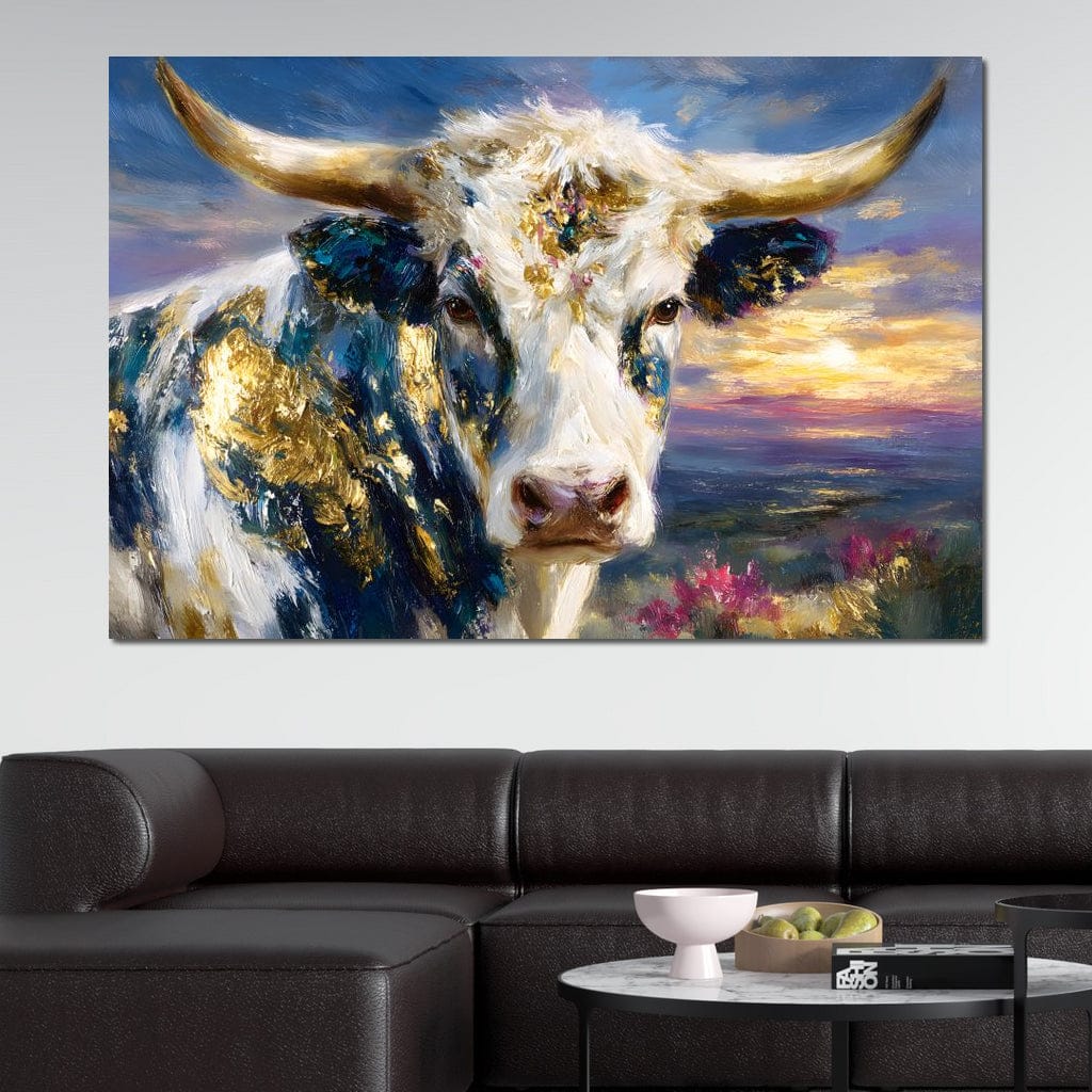 Golden Highland Cow Sunset Canvas Wall Art