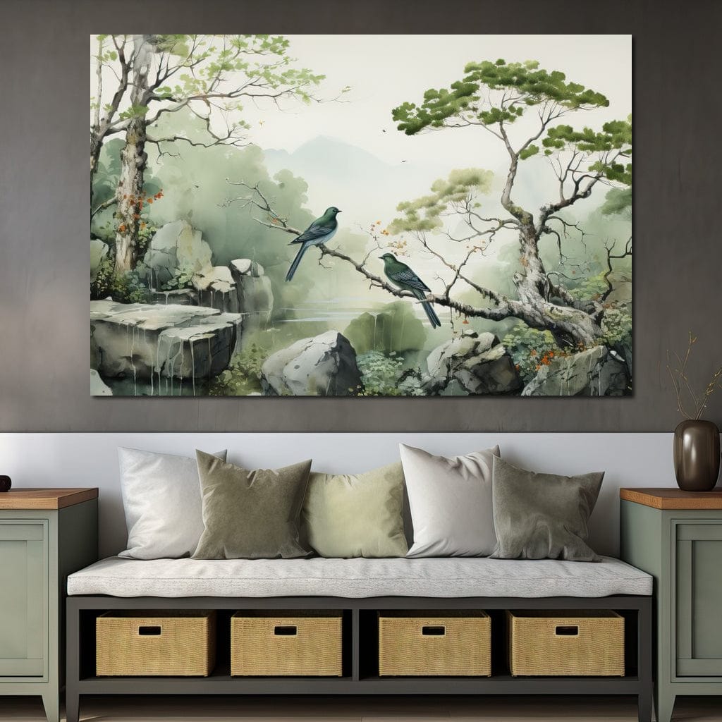 Misty Mountain Aviary Serene Canvas Wall Art