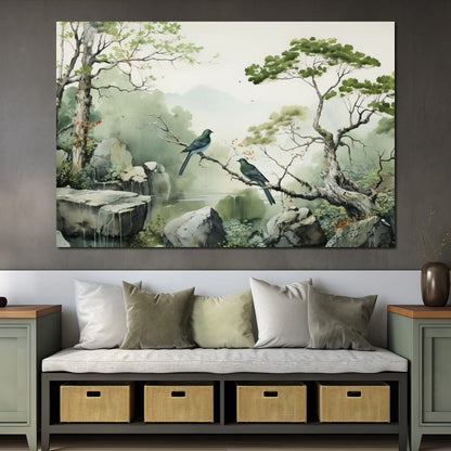 Misty Mountain Aviary Serene Canvas Wall Art