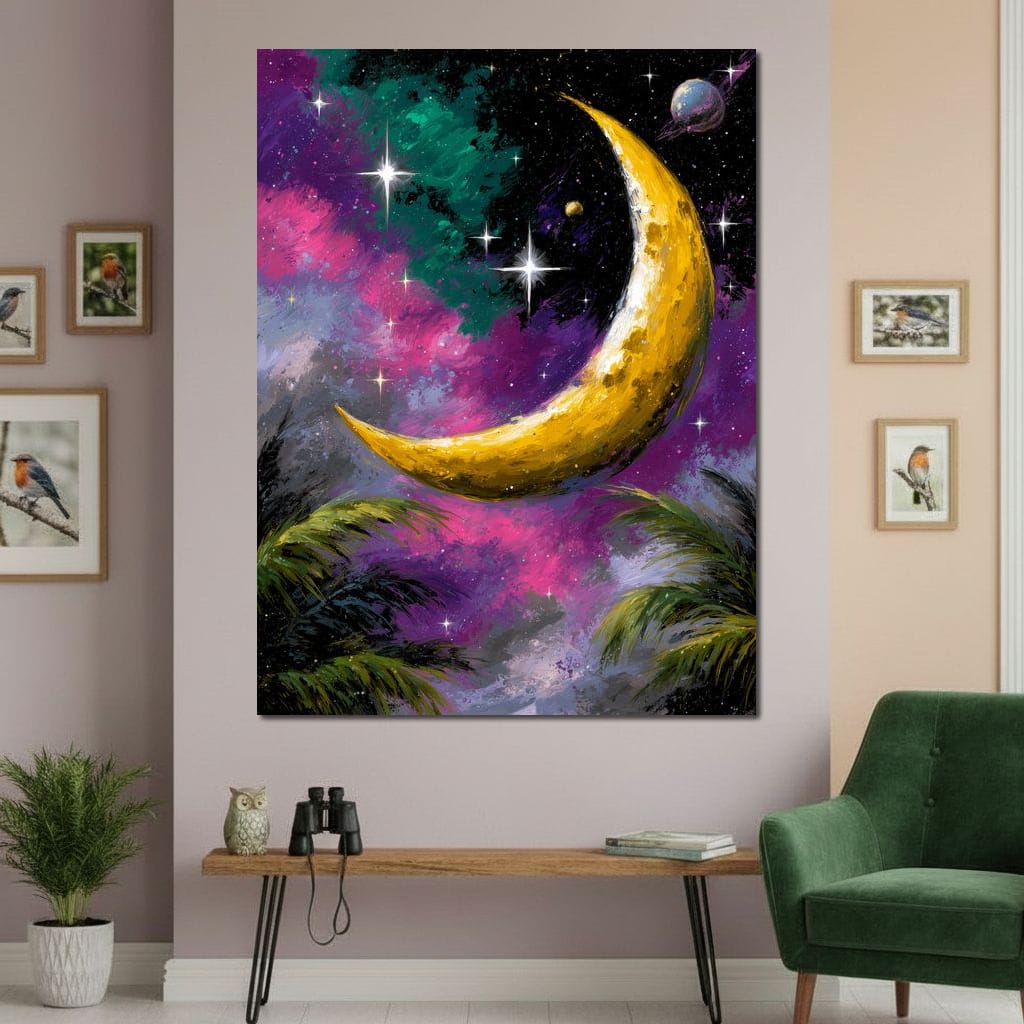 Golden Crescent Cosmic Nightscape Canvas Wall Art