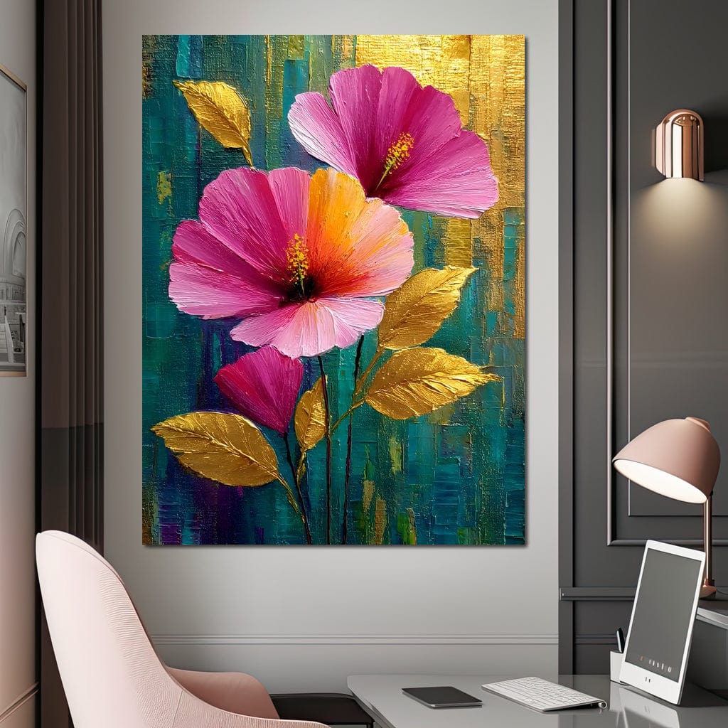 Teal Garden Golden Petals Flourish Canvas Wall Art