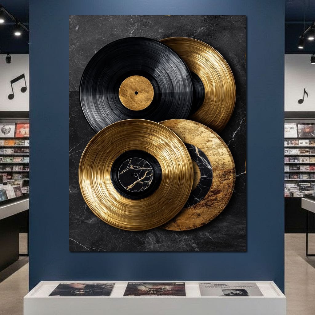 Gold Vinyl Records Noir Marble Canvas Wall Art