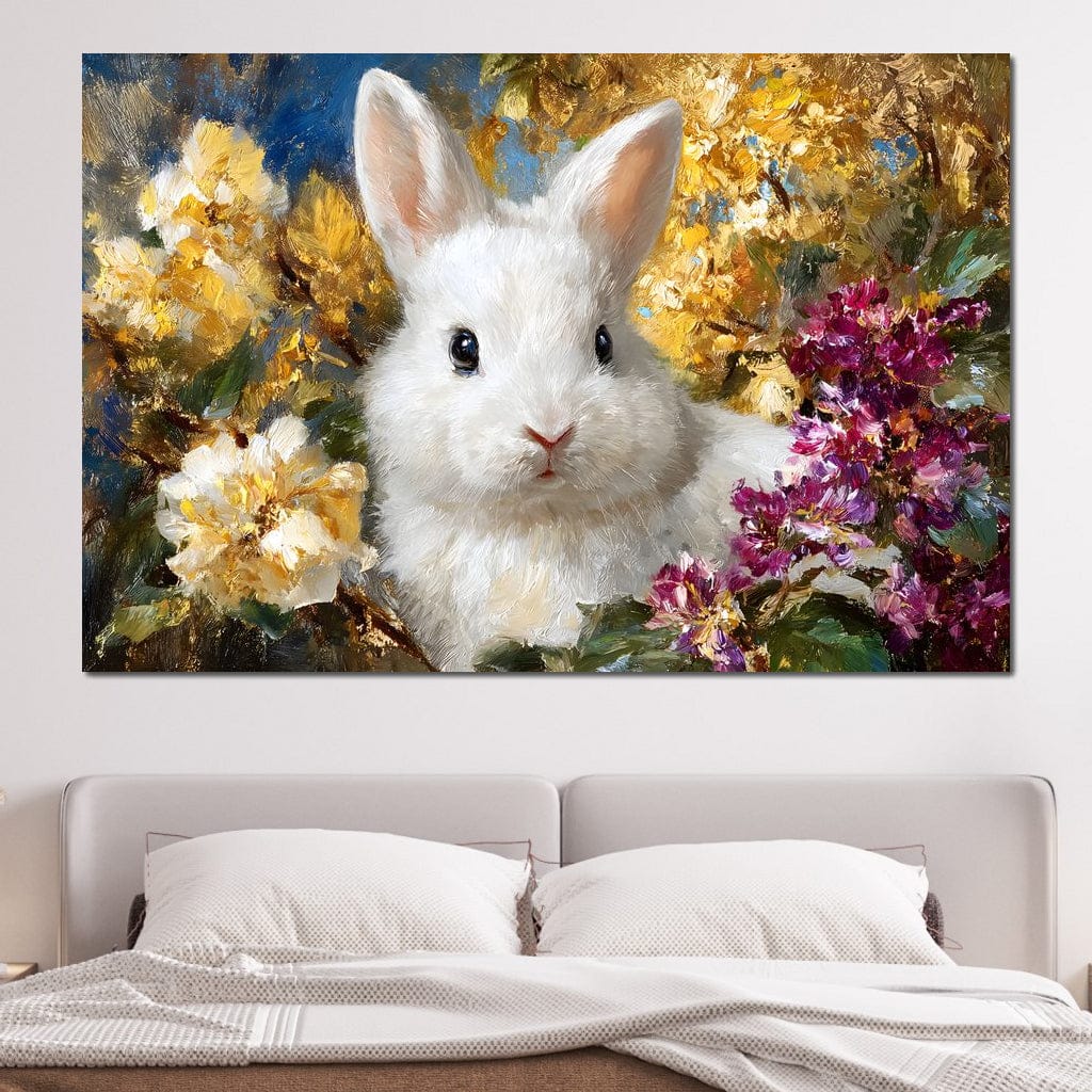 White Bunny Garden Bouquet Canvas Wall Art