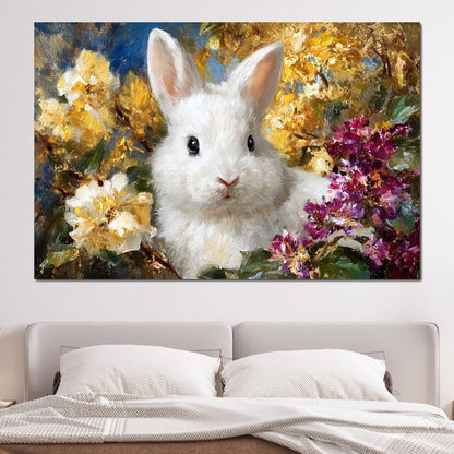White Bunny Garden Bouquet Canvas Wall Art