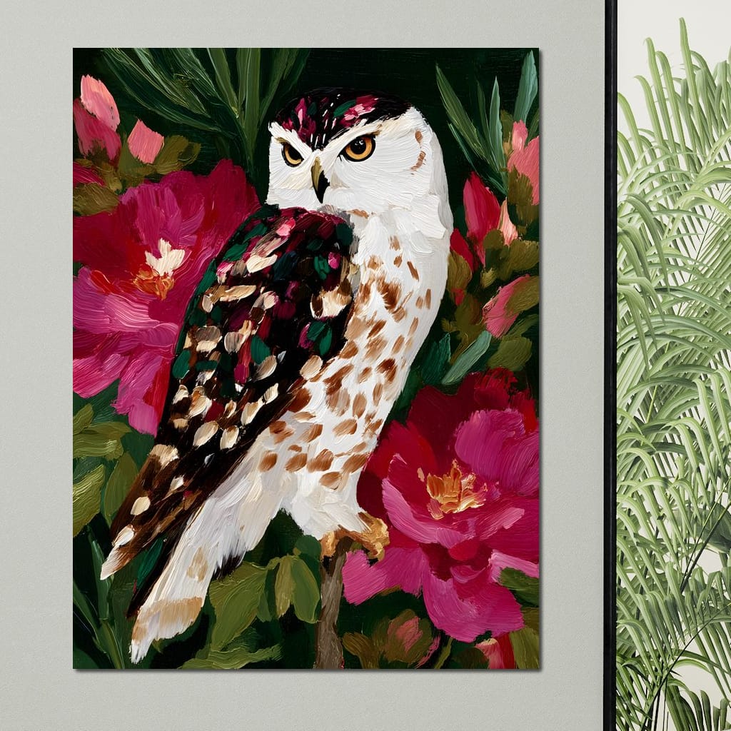 Owl Garden Bloom Portrait Canvas Wall Art