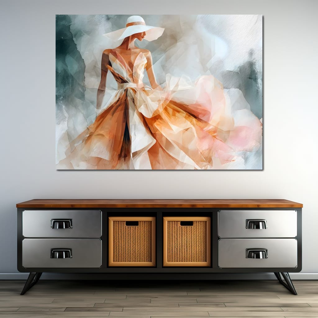 Sun Hat Lady in Peach Gown Canvas Wall Art