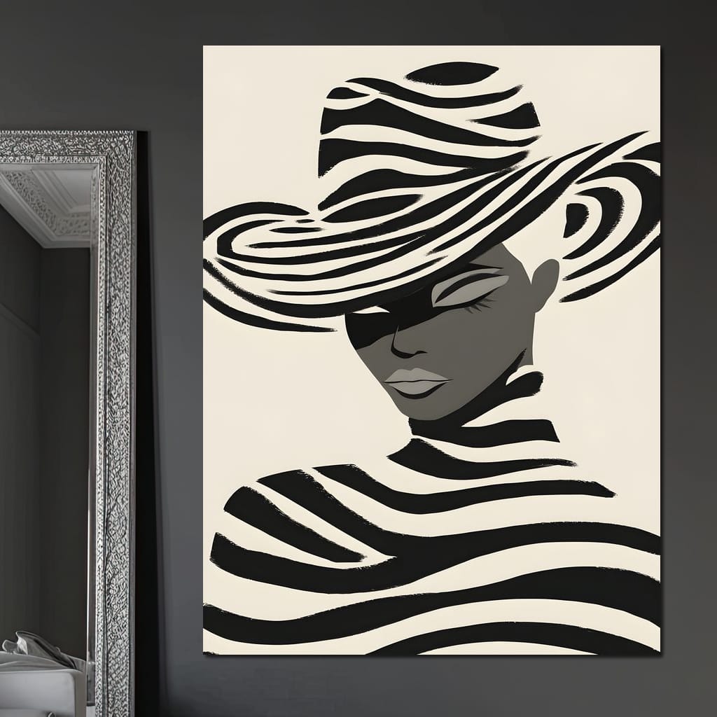 Monochrome Zebra Hat Lady Canvas Wall Art