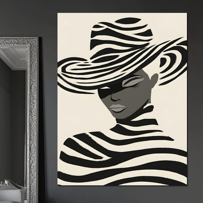 Monochrome Zebra Hat Lady Canvas Wall Art