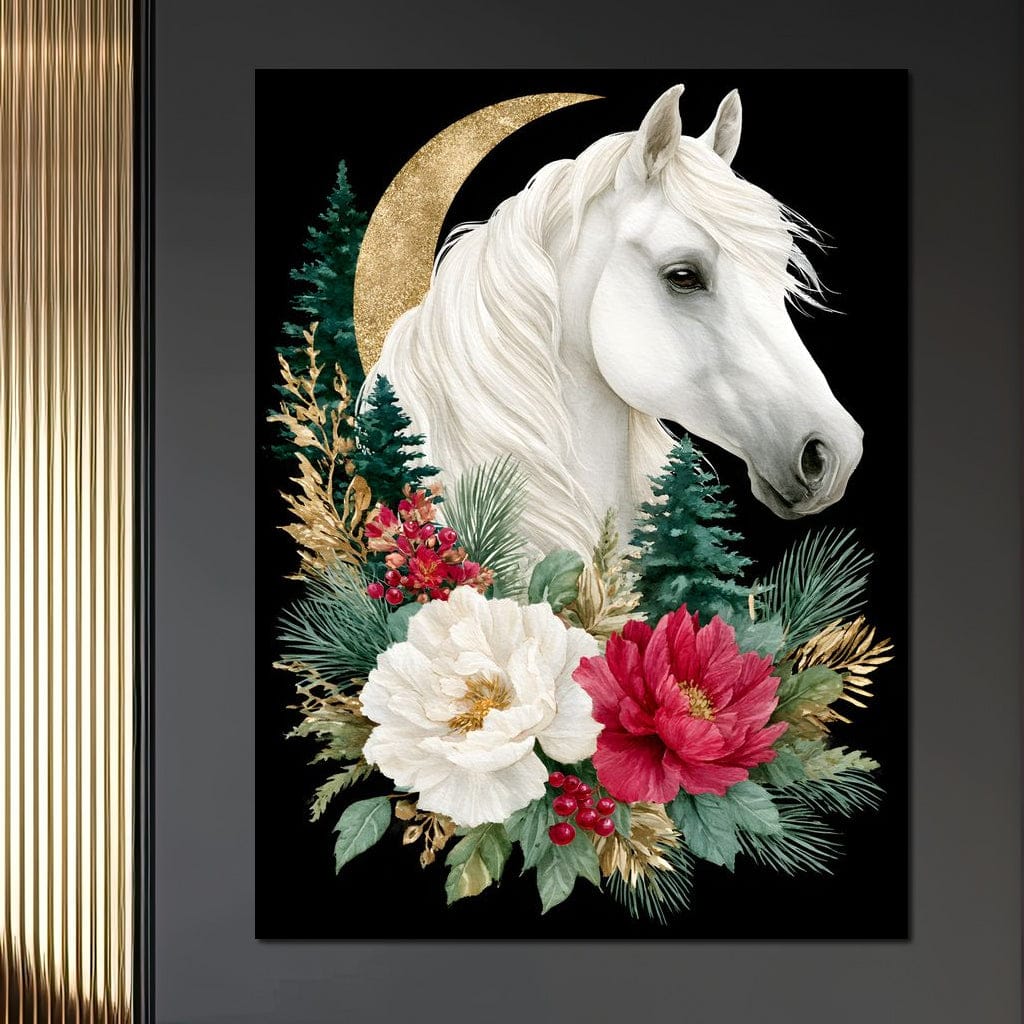 Moonlit Floral Gold White Horse Canvas Wall Art