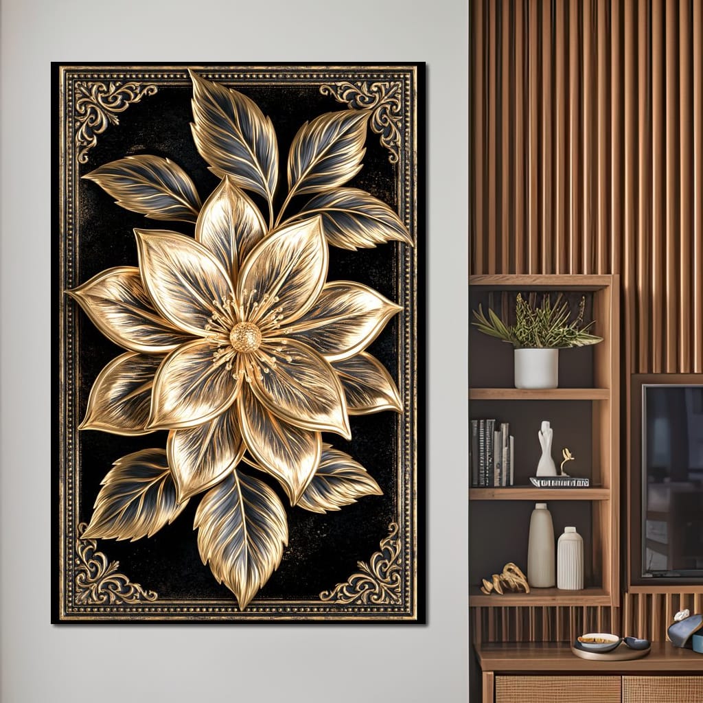 Gilded Petals on Obsidian Fields Canvas Wall Art