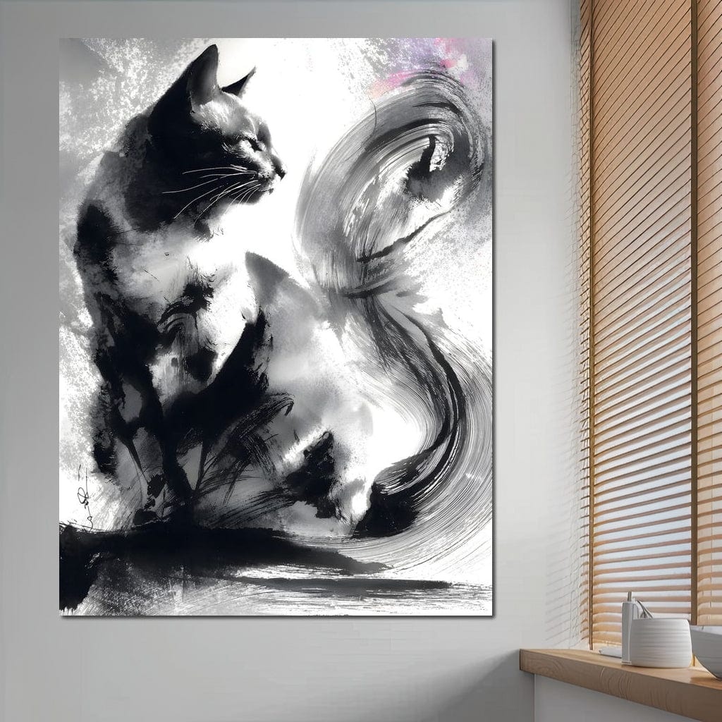 Sumi Ink Cat Reflecting Shadow Canvas Wall Art