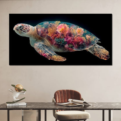 Floral Reef Sea Turtle Glow Canvas Wall Art