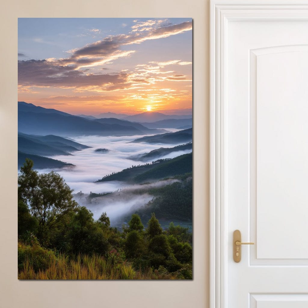 Sunrise Over Misty Mountains Canvas Wall Art