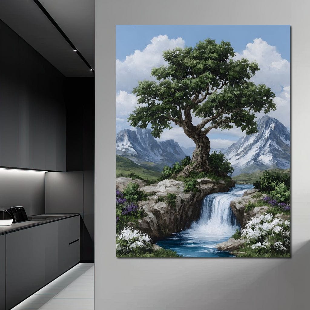Majestic Tree Mountain Falls Canvas Wall Art