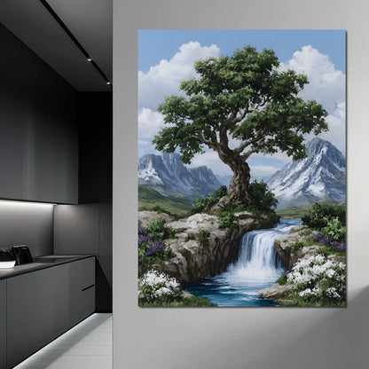 Majestic Tree Mountain Falls Canvas Wall Art