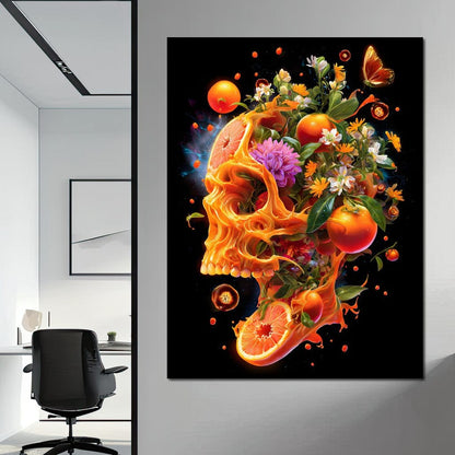 Floral Citrus Skull Energy Burst Canvas Wall Art
