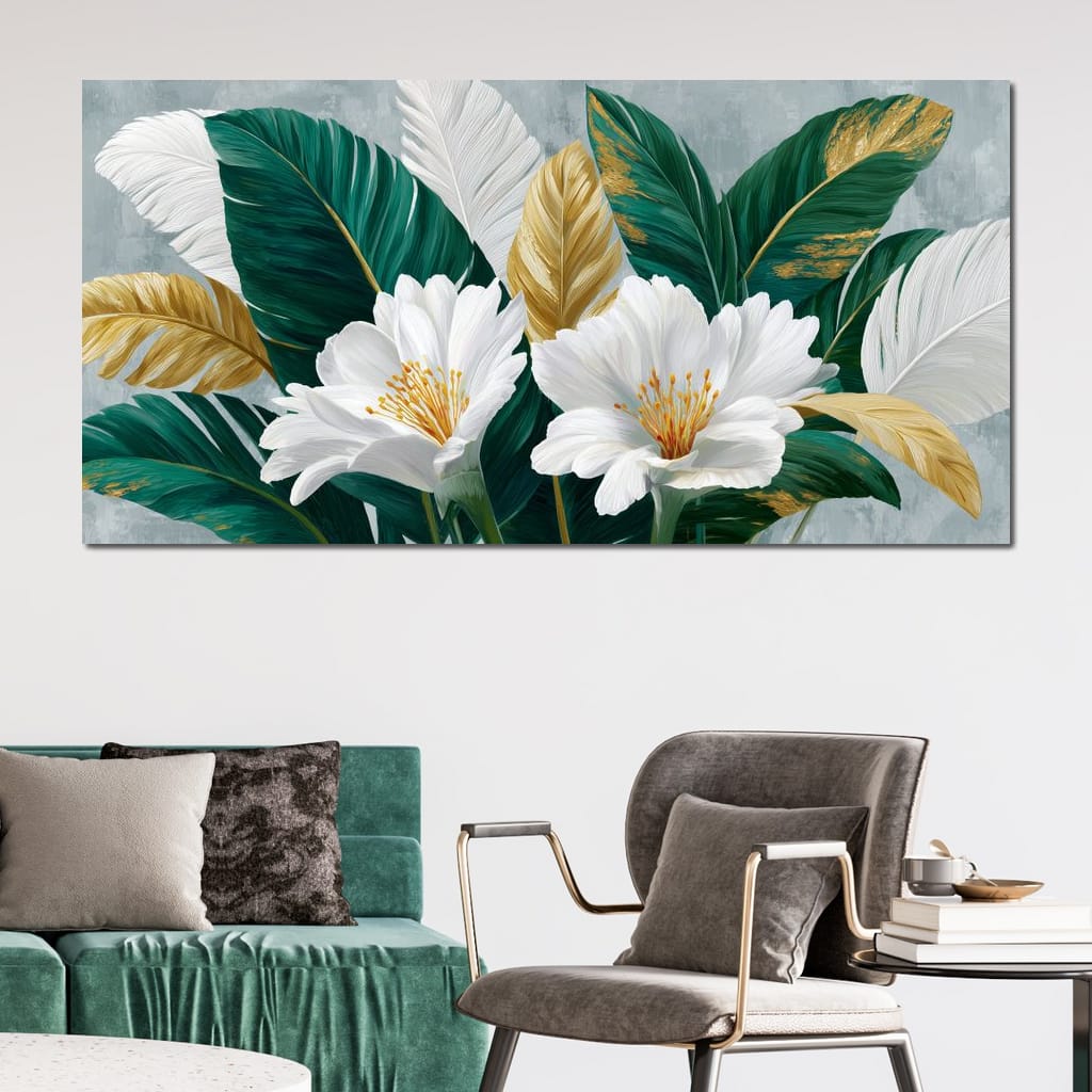Gilded Tropical White Peony Canvas Wall Art