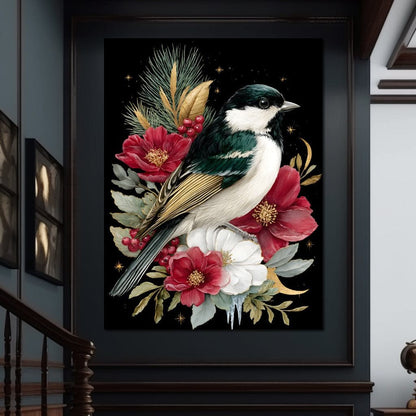 Moonlit Floral Gold Chickadee Canvas Wall Art