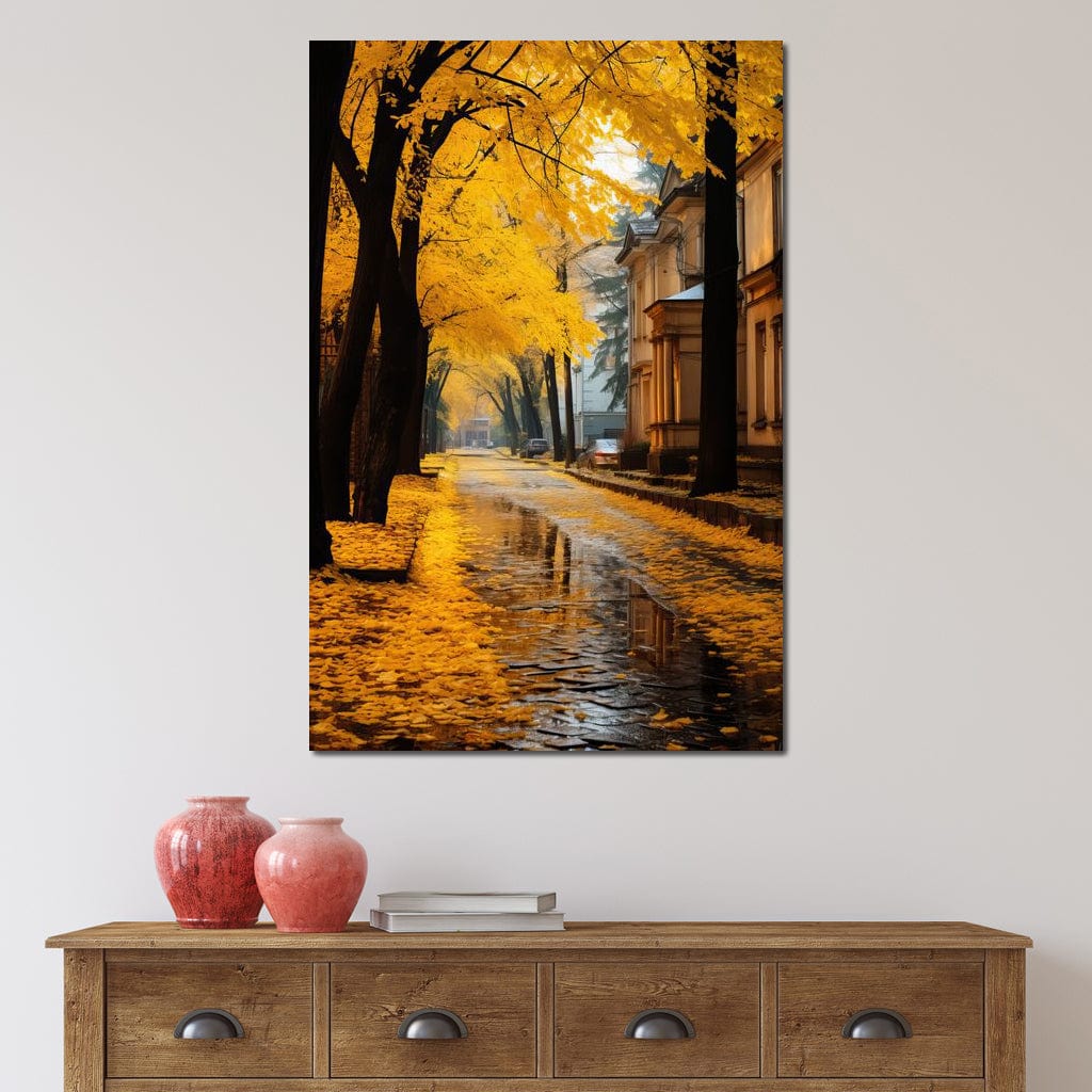 Autumn Leaves Along the City Road Canvas Wall Art