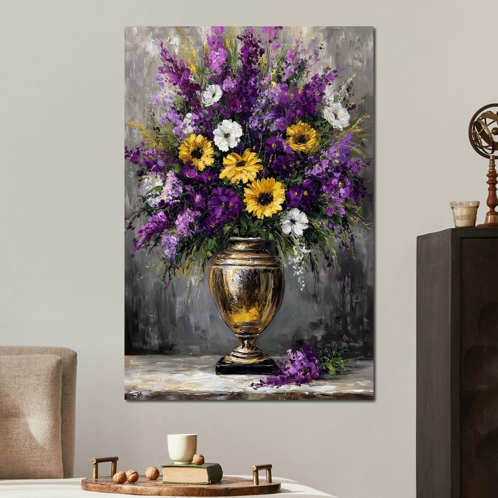 Golden Vase Violet Sunflowers Canvas Wall Art