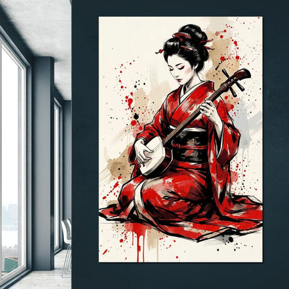 Japanese Woman with Shamisen Canvas Wall Art