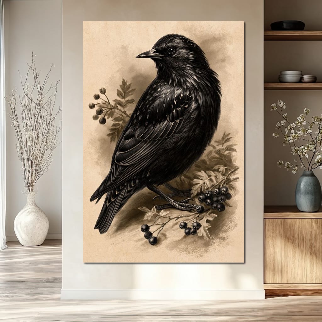 Solitary Starling Perched Upon Hawthorn Branch Canvas Wall Art