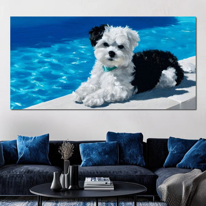 Puppy Relaxation by the Pool Canvas Wall Art