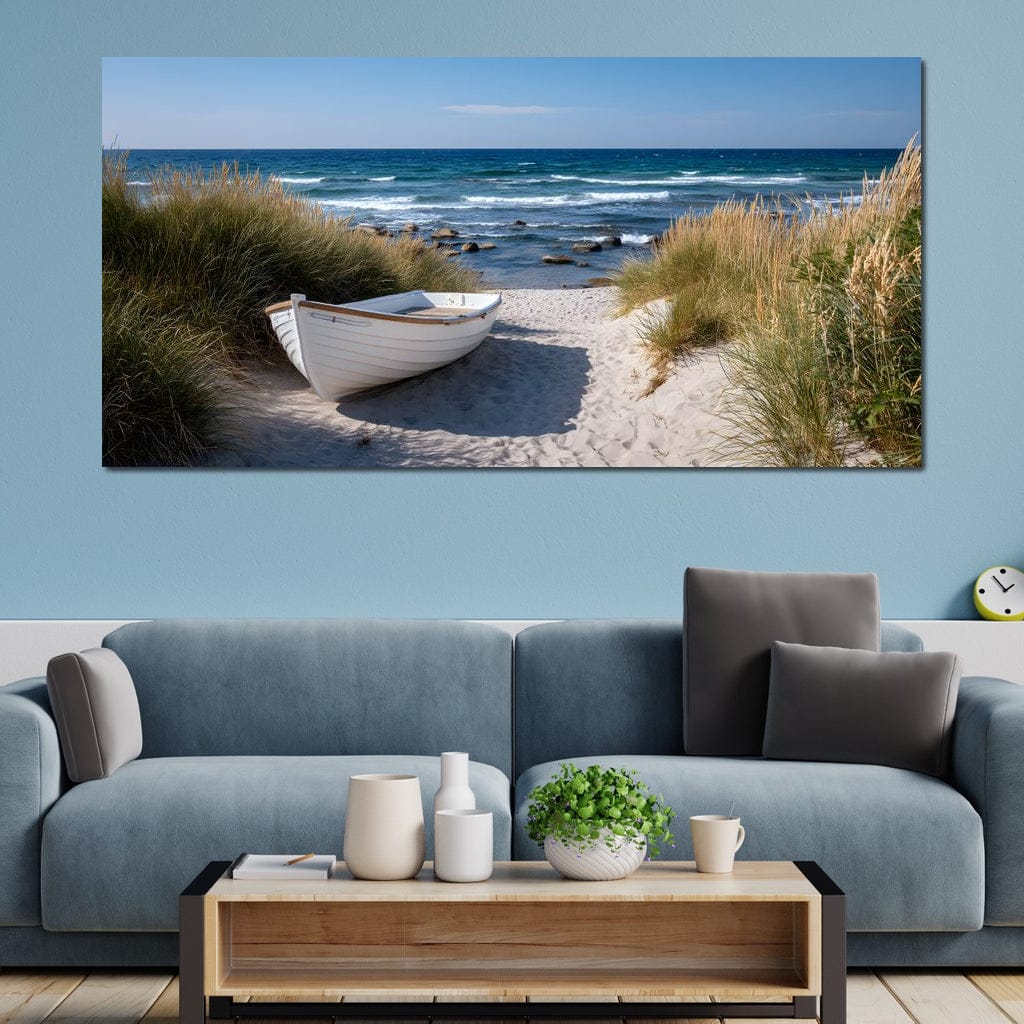 White Rowboat Coastal Dunes Canvas Wall Art