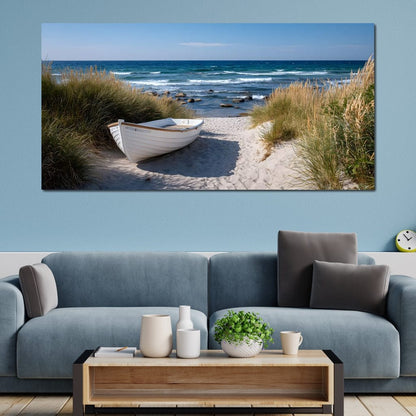 White Rowboat Coastal Dunes Canvas Wall Art